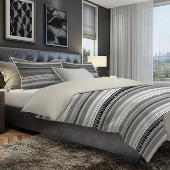 Kingham Contemporary Boho Grey Stripes Duvet Cover Set with Pillow Sham